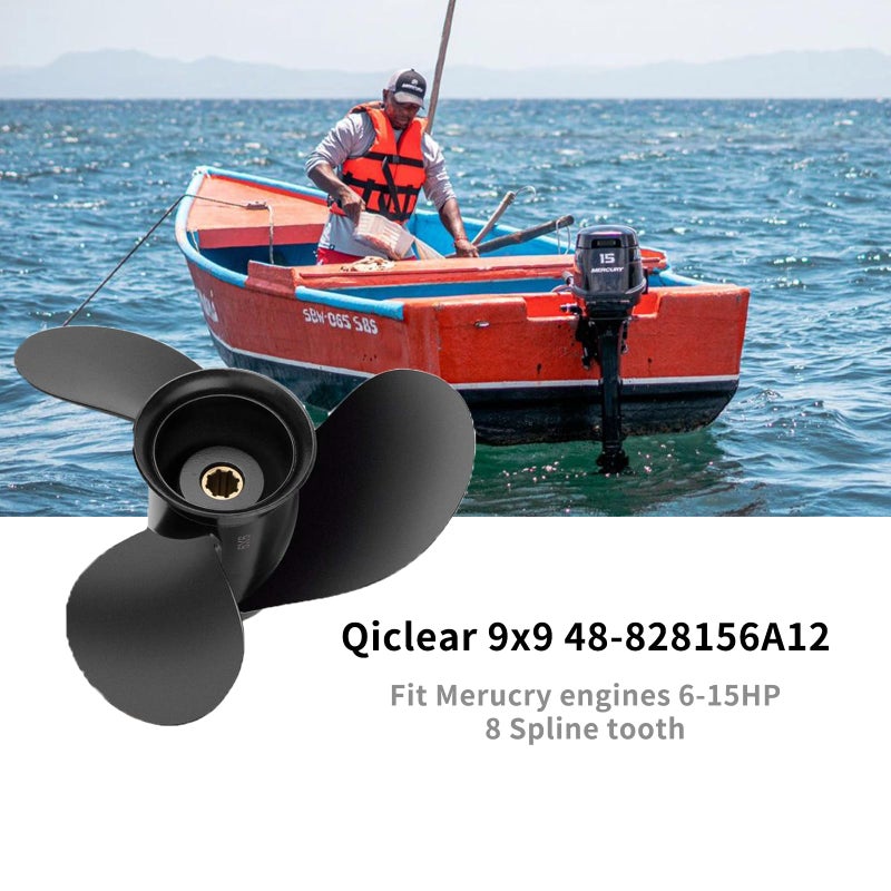 Qiclear 9 x 9 Pitch 48-828156A12 Upgrade Aluminum Outboard Boat Propeller for Mercury Motos 6/8/9.9/10/15HP,8 Spline Tooth,RH, 2-1/2" Gearcase - Image 2